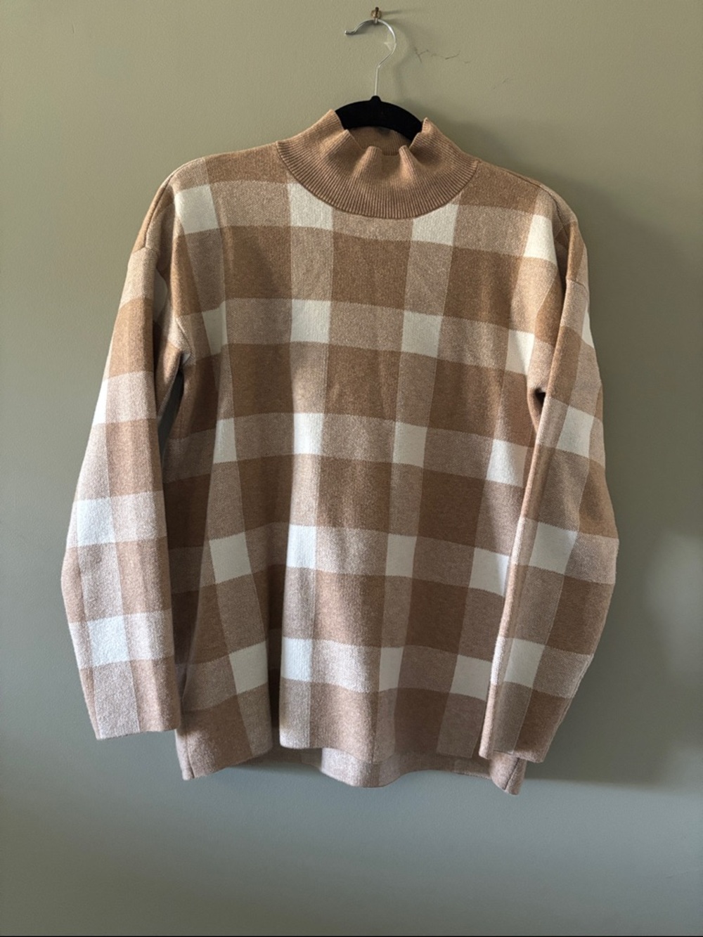 LOFT Tan and White Check Turtleneck Sweater